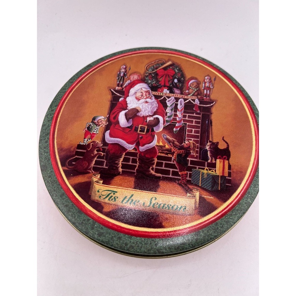 1994 Tis‎ The Season Christmas Tin Santa Eating Cookies Sunrise Studio